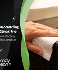 HandyClean pre-moistened lens cleaning wipes; black packaging with green accents, hand wiping a lens or screen.