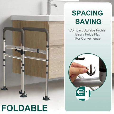 Legit Rock Solid Toilet Safety Rails, 350 Lbs Capacity adjustable grab bars, foldable frame and tissue holder with compact storage.