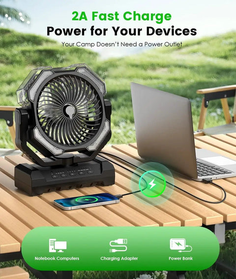 Camping Misting Fan With 24000mAh Battery, 9oz Water Tank, Built In Light, Hook Mount, Rechargeable Portable Cooling Fan On The Go on table
