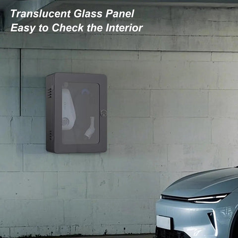 Tough As Nails Lockable EV Charger Pedestal Box With Secure Key Entry Shield For Wall Mounted Outdoor Charging Stations, 19.6x9.8x27.5 in steel housing with translucent glass panel.