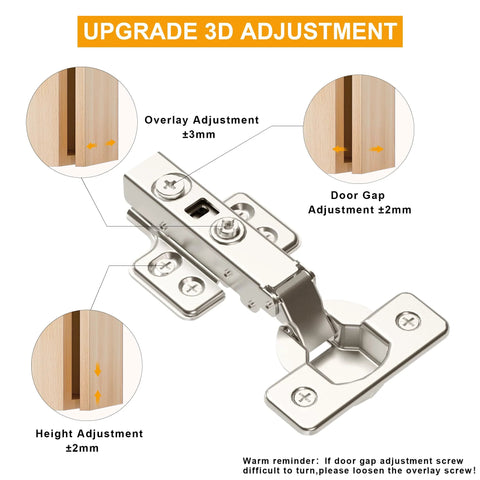 Full Overlay Soft Close Cabinet Hinges For Frameless Concealed Doors European Style Slick Clip On Four Hole Mounting Plate Nickel Plated Finish 2 Pack Easy Tool Free Installation For Kitchen And Vanity Cabinets showing 3D adjustment features