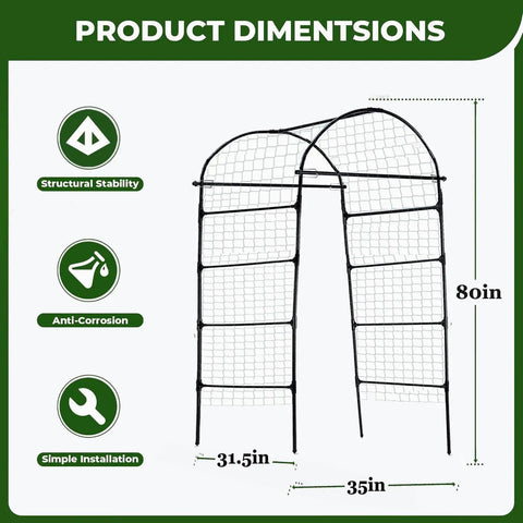 Heavy Duty 80 Inch Tall Garden Arch Trellis with dimensions 31.5 by 35 inches, metal design for climbing plants support, anti-corrosion feature
