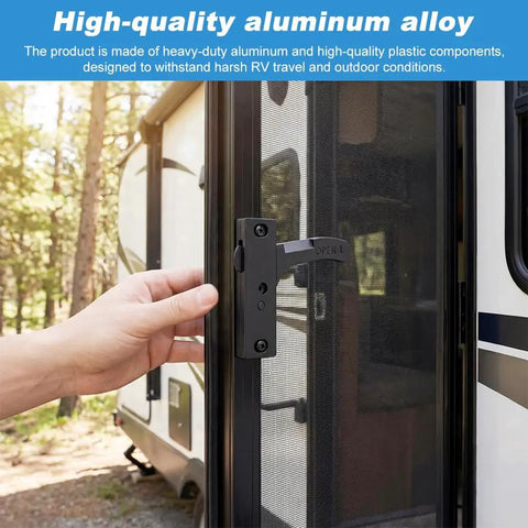 Heavy Duty Aluminum RV Screen Door Latch Replacement Kit With Right Handle being installed on camper entry door