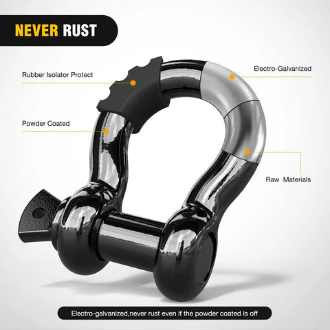 2 Pack 3/4 Inch D Ring Shackle Heavy Duty Off Road Recovery Shackles 4.75 Ton 9500 Lbs Capacity With 7/8 Inch Screw Pin Isolators And Washer Kit For Jeep Truck Vehicle Black, electro-galvanized close-up