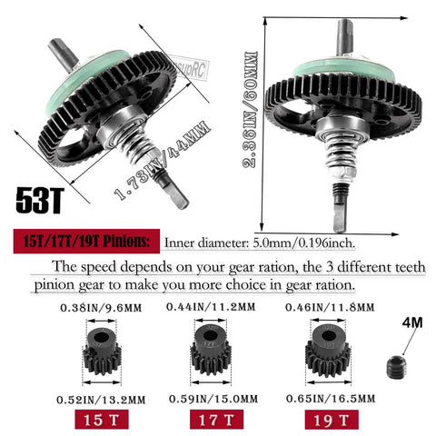 Beefed Up Pro Grade Aluminum Driveshaft Center and Metal Spur Gear Differential Set with 53T Spur and 15T 17T 19T Pinions