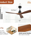 52 Inch Indoor Outdoor Ceiling Fan With Light Remote Control in modern gray finish with wooden blades and dimensions shown.