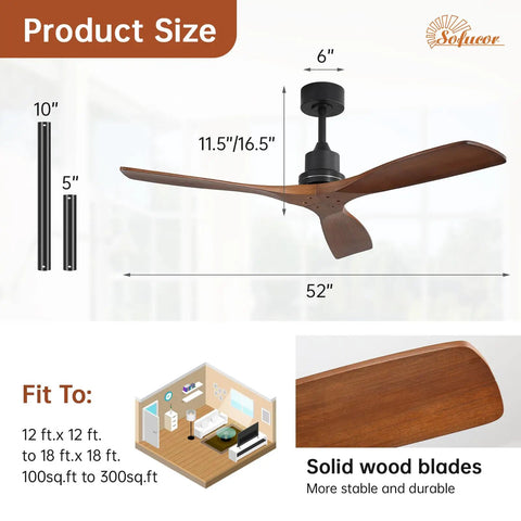 52 Inch Indoor Outdoor Ceiling Fan With Light Remote Control in modern gray finish with wooden blades and dimensions shown.