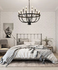 Dope Modern Sputnik Chandelier Pendant Light Industrial 6 Light Gold and Black Ceiling Fixture in bedroom with white walls