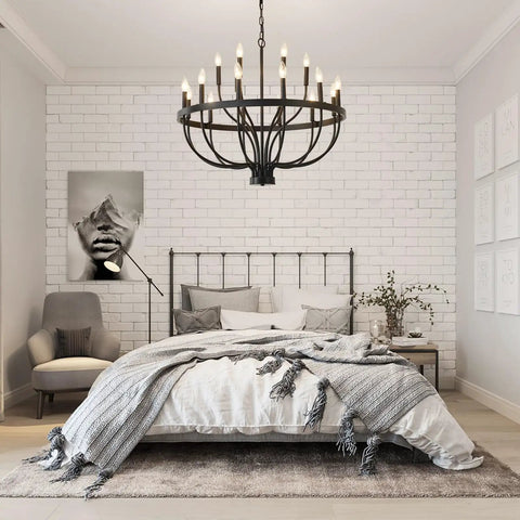 Dope Modern Sputnik Chandelier Pendant Light Industrial 6 Light Gold and Black Ceiling Fixture in bedroom with white walls