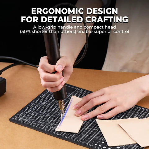 Leather Creaser Machine All-In-One Kit With 140-932 F Heat in use on leather edges, ergonomic design, detailed crafting