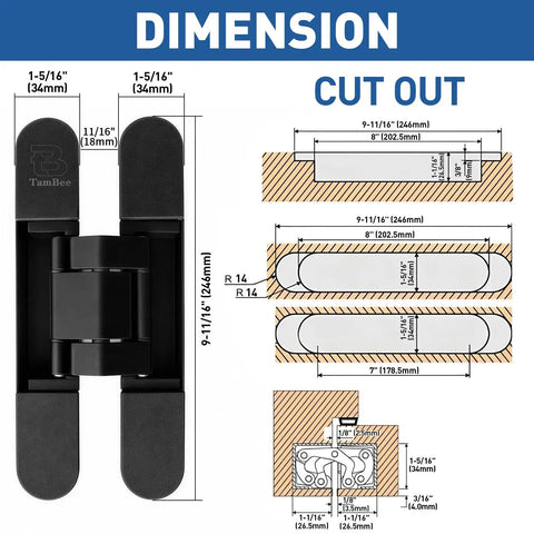 Dimensions and cutout specifications for Pair Of Heavy Duty Hidden Door Hinges 9.7 Inch Concealed Flush Hardware.