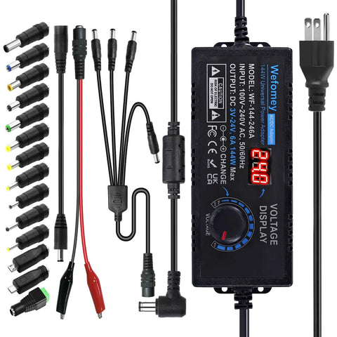 Power Supply Kit 3V To 24V Adjustable 6A 144W With LCD Display 100V 240V AC Input Includes 14 Tips Polarity Converter