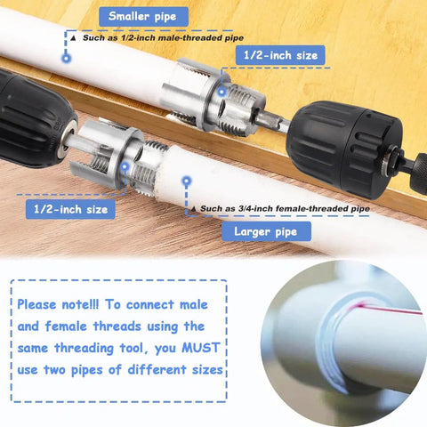Heavy Duty Three Piece Pipe Thread Kit With No Fuss Dual Function Internal And External Threading For PVC And Plastic Pipes in use