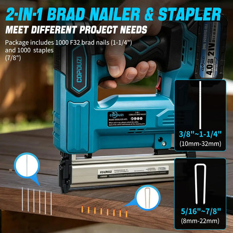 Zero Fuss 21V Cordless Nail Gun With Two 4.0Ah Batteries 18 Gauge 2 In 1 Electric Brad Nailer showcasing nail lengths on wooden surface.