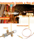 Low Pressure LPG Propane Patio Heater Gas Control Valve Kit with flare inlet, thermocouple, and brass assembly in fire pit.