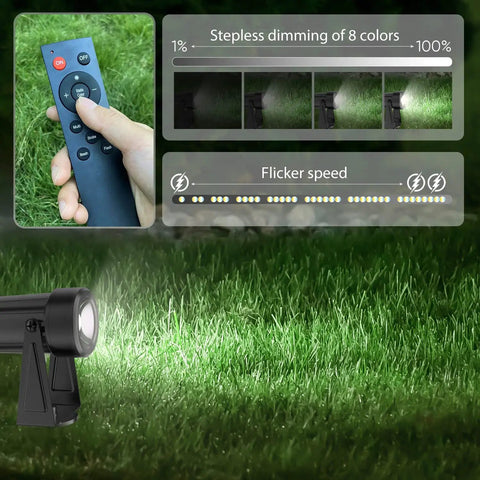Remote and LED spotlight showing settings for Color Changing Landscape Lights Multicolor Spotlight Set With Remote For Outdoor Garden