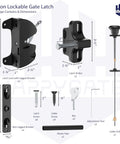 Detailed diagram of Heavy Duty Two Sided Gate Latch With Key Lock And Upgraded Spring Loaded Pull Cord dimensions and components.