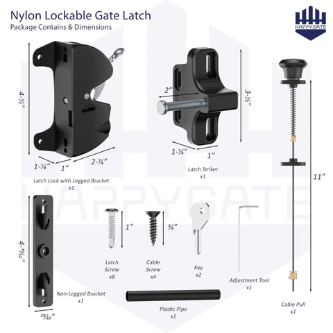 Detailed diagram of Heavy Duty Two Sided Gate Latch With Key Lock And Upgraded Spring Loaded Pull Cord dimensions and components.