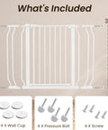 Walk Through Safety Gate For Doorways And Stairs 30 Inch Tall Fits 29.1 To 43.3 Inch Openings Auto Close Hold Open Pressure Mounted No Screws White Includes Wall Cups For Stair Top Install, showing what's included: wall cup, pressure bolt, screws.