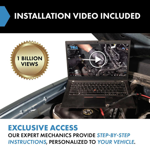 Laptop displaying instruction video on installing rear wheel bearings for 2002-2006 Honda CR-V in engine bay setting.