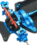 Blue Premium Aluminum Gearbox Cover For One Tenth Scale RC Cars, CNC Machined Main Gear Case and Spur Gear Covers installed on chassis