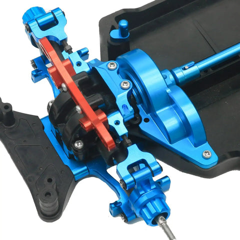 Blue Premium Aluminum Gearbox Cover For One Tenth Scale RC Cars, CNC Machined Main Gear Case and Spur Gear Covers installed on chassis