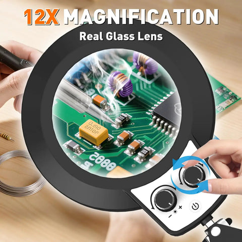 12X Magnifying Glass With Light And Stand showing real glass lens magnifying a circuit board, LED light control visible