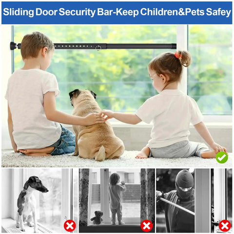 Children and a dog near a sliding door with Rock Solid Adjustable Sliding Door Security Bar For Home And Apartment Bully Proof Steel Lock With 17 To 50 Inch Range Reinforced Cotter Pin And Rubber Tipped Ends For Serious Intrusion Defense.