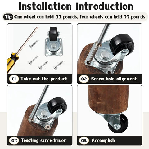 Installation steps for Heavy Duty 24 Piece One Inch Swivel Caster Wheels with 360 Degree Rotation for Office Furniture and Storage Carts.