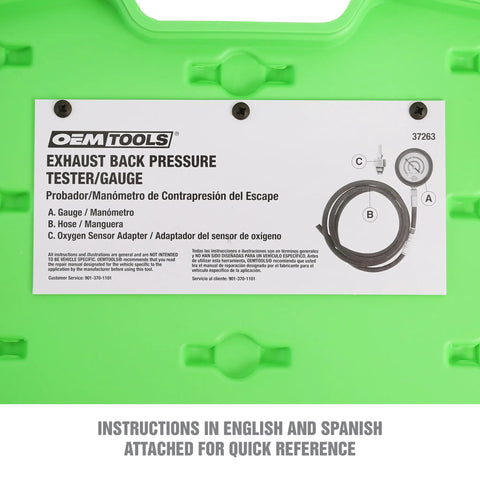 Exhaust Back Pressure Tester And Gauge Kit With Oxygen Sensor Adapters set in green case with bilingual instructions.