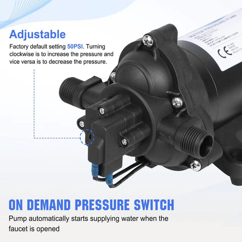 33-Series 110V AC Water Diaphragm Pump With 4.0 GPM At 50 PSI, close-up showing adjustment knobs and on demand pressure switch