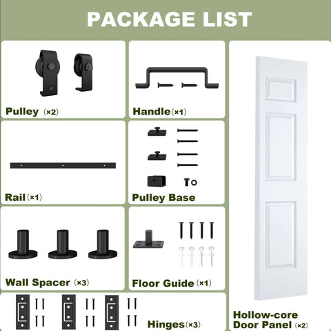 Package list for 36 By 84 Inch Bifold Barn Door 6 Panel With Three Point Three Foot Hardware Kit Included Ready To Paint Primed Surface.