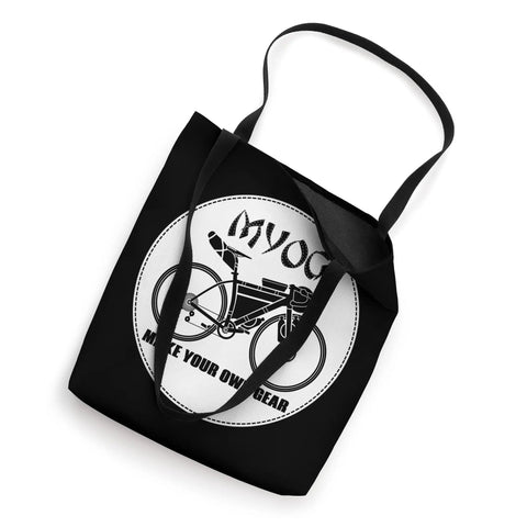 Bikepacking Tote Bag For DIY Cyclists Make Your Own Gear Style, black canvas bag with bike graphic and text "Make Your Own Gear"