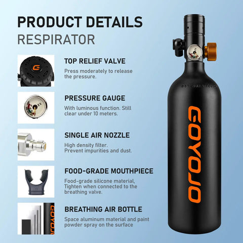 1L Mini Scuba Tank With Mask DOT Certified Portable Diving Air Tank 3000 PSI with pressure gauge and relief valve details
