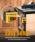 Magnetic Safety Switch With Emergency Stop Button mounted on workbench for table saw, 120V 18A power tool safety upgrade, installation view.