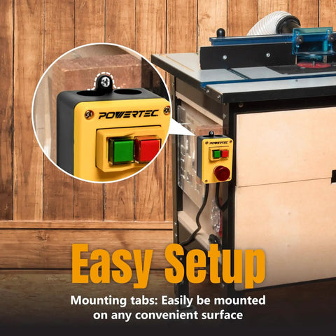Magnetic Safety Switch With Emergency Stop Button mounted on workbench for table saw, 120V 18A power tool safety upgrade, installation view.