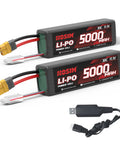 Two-pack Heavy Duty 5000mAh 11.1V 30C 3S LiPo Battery with XT60 plug and charger for RC cars, trucks, drones
