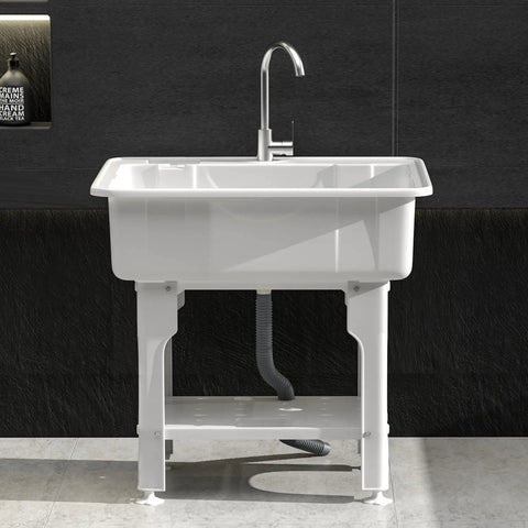 Freestanding Plastic Laundry Sink With Detachable Washboard And Hot And Cold Faucet Hoses And Drain Kit Indoor Outdoor Utility Sink