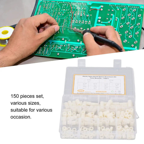 Round Nylon Standoff And Spacer Kit For PCB Board Mounting And Electrical Insulation In A Durable Storage Container, 150 Piece Nylon Standoffs And Spacers For Easy Mounting, Precise Spacing, And Component Clearance, assorted sizes for PCB soldering