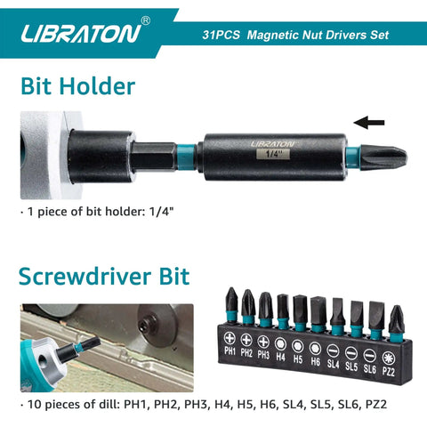 All In One 31 Piece Magnetic Nut Driver Set With Impact Bits Metric And SAE Nut Drivers Screwdriver Bits and Bit Holder displayed