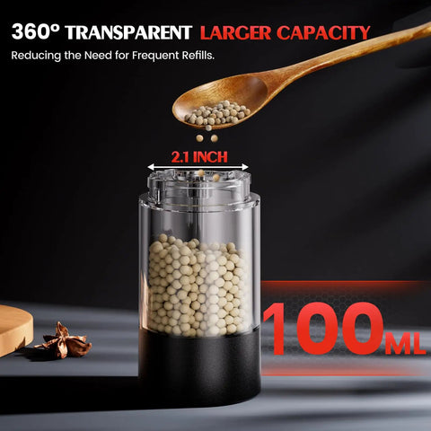 Electric Salt And Pepper Grinder Set Battery Powered With Led Light Adjustable Coarseness, transparent design, 100ml capacity