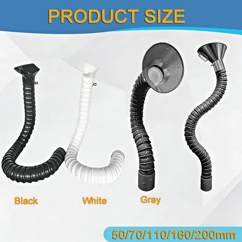 360 Degree Flexible Duct Arm With Hood For Lab Fume Extraction shown in black, white, and gray in sizes 50mm to 200mm