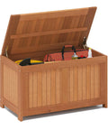 52 Gallon Outdoor Storage Bench With Flip Top For Cushions And Pool Supplies, wooden box with open lid showing storage space