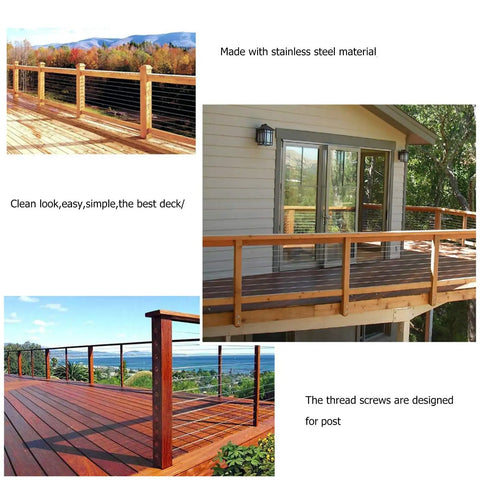 Stainless Steel Press-Fit Lag Screws With Spanner For Cable Railing Installation on a scenic deck rail setup.