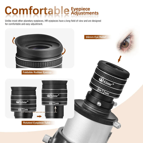 1.25-Inch 58 Degree 7.5mm Planetary Eyepiece For Telescope With Fully Multi Coated Wide Angle Optics showing various adjustments
