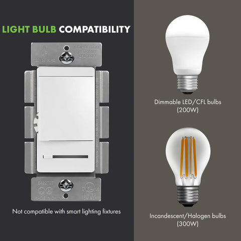 Image showing No Sweat Paddle Led Dimmer Switch For Single Pole Or Three Way Setup Bright White Faceplate No Neutral Wire Required Easy Standard House Wiring Boost Dimmable To 150W with bulb compatibility details.
