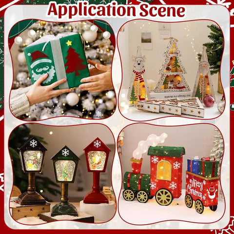Top Tier Christmas Acrylic Lantern Templates Set Of Four Featuring Santa Claus Pine Tree Snowman And Snowflake Router Cutters To Level Up Your DIY Woodworking Fabric Sewing Crafts Game On Autopilot With Nailed Results Measuring Eight By Five Point Five. Application scene with holiday decorations.