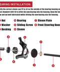 Diagram of bearing installation showing components labeled: nut, washer, bushing, bearing, sliding screw, sleeve, sleeve plate, front steering knuckle