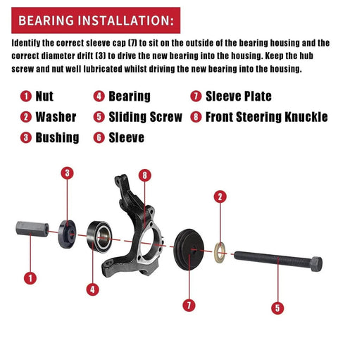 Diagram of bearing installation showing components labeled: nut, washer, bushing, bearing, sliding screw, sleeve, sleeve plate, front steering knuckle