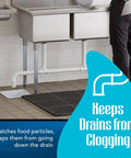 8.5 Inch Floor Sink Drain Cover And Drain Basket For Restaurants, Catches Food Scraps With 0.19 Inch Holes, below a sink in a kitchen